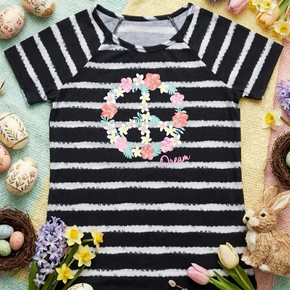 Candie’s Floral Wreath Peace Sign T-Shirt - Black and White Stripes